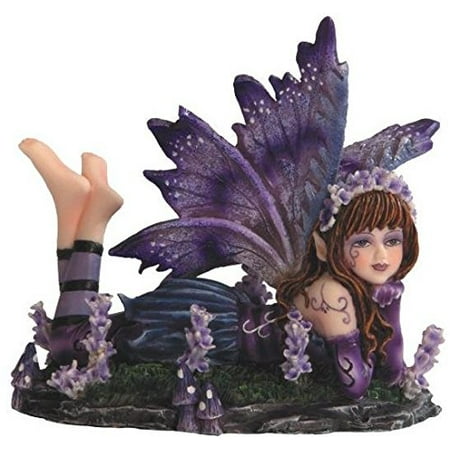SS-G-91589 Young Purple And Blue Fairy Lying On Stomach In Garden Statue, Small, Perfect gift for those that love Fairy By George S. Chen