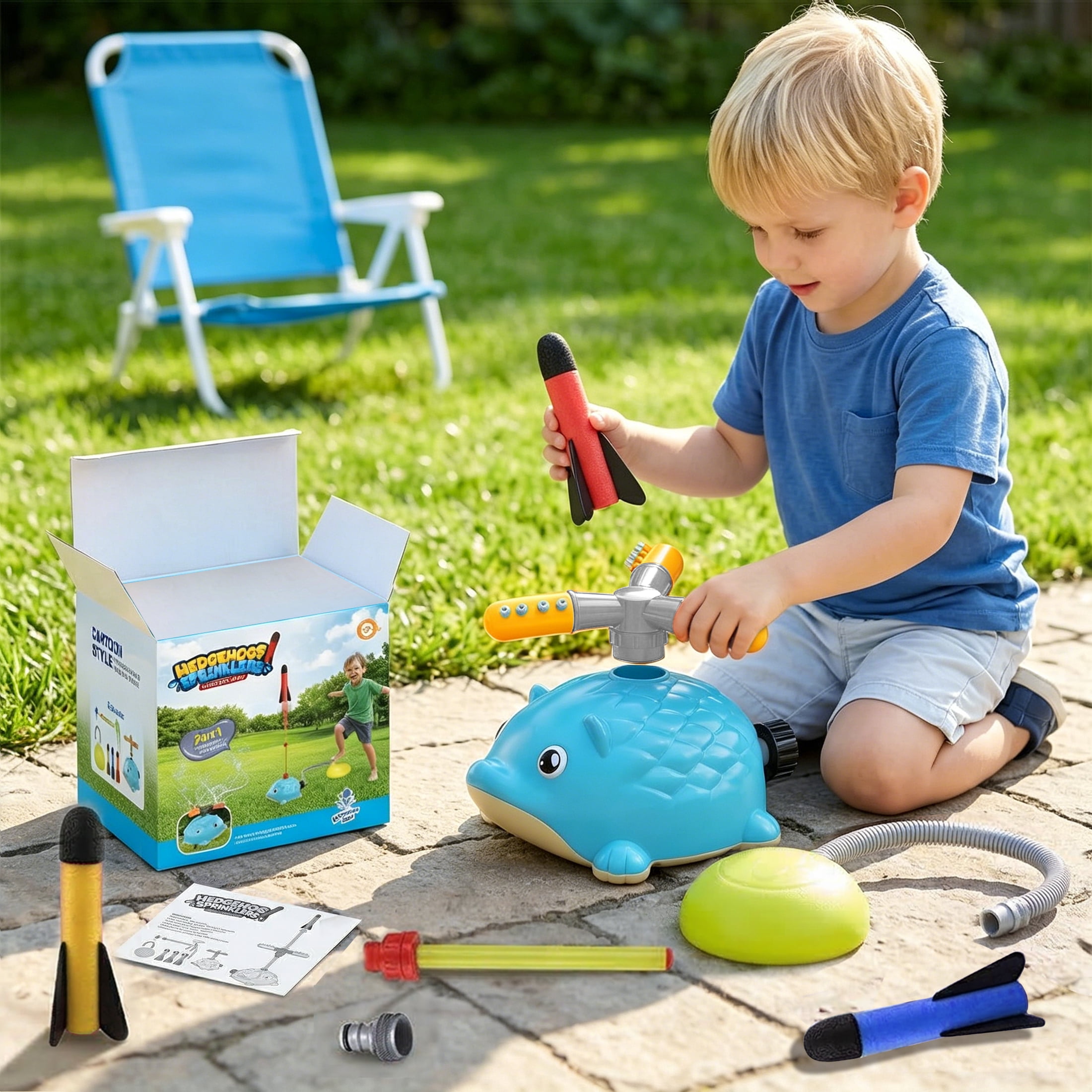PMHZI Hedgehog 36-inch Sprinkler Toy for Kids, 360° Rotating Outdoor Water Spray with Rocket Launcher & 2-in-1, Summer Backyard Lawn Watering