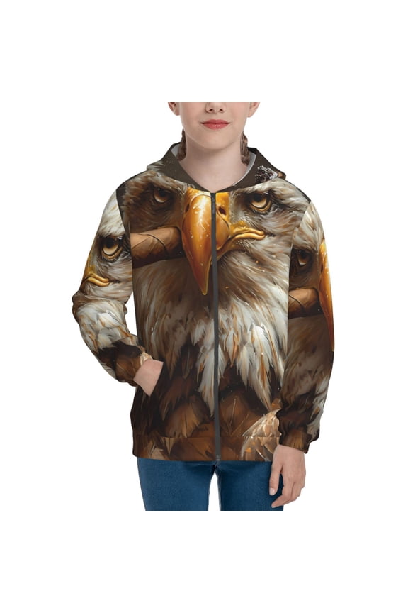 Funny Bald Eagle Pattern Zip Up Hoodies for Boys Girls, Sweatshirt with Pockets-Small