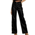 thumbnail image 2 of qolati Women Faux Leather Pants High Waisted Straight Wide Leg Side Buttons Palazzo Trousers Casual Elastic Waisted Business Work Lounge Pants, 2 of 5