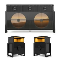 Holliwill Modern Buffet Cabinet Set of 3 - 62"W Fluted Sideboard with 3 Drawers & 2 Pcs Side Tables with Charger Station and LED Lights, Black