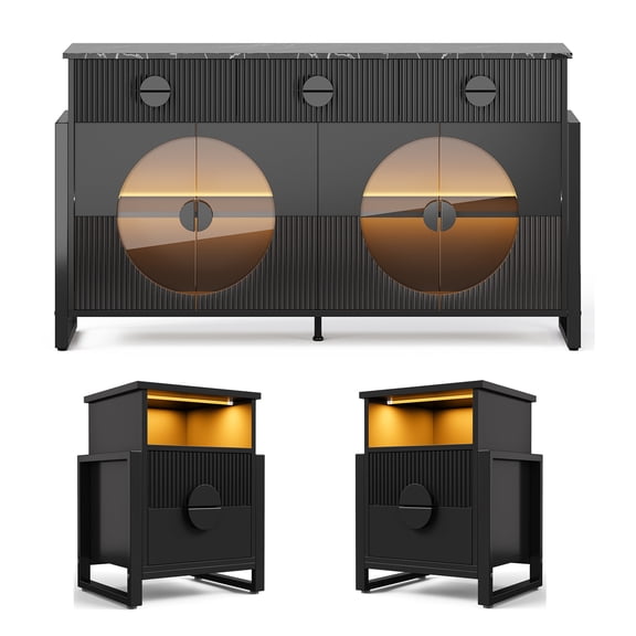 Holliwill Modern Buffet Cabinet Set of 3 - 62"W Fluted Sideboard with 3 Drawers & 2 Pcs Side Tables with Charger Station and LED Lights, Black