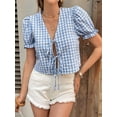 thumbnail image 5 of Women'S Gingham Crop Top Puff Sleeve V-Neck Tie Front Blouse Summer Shirt with Elastic Cuffs Blue S, 5 of 8