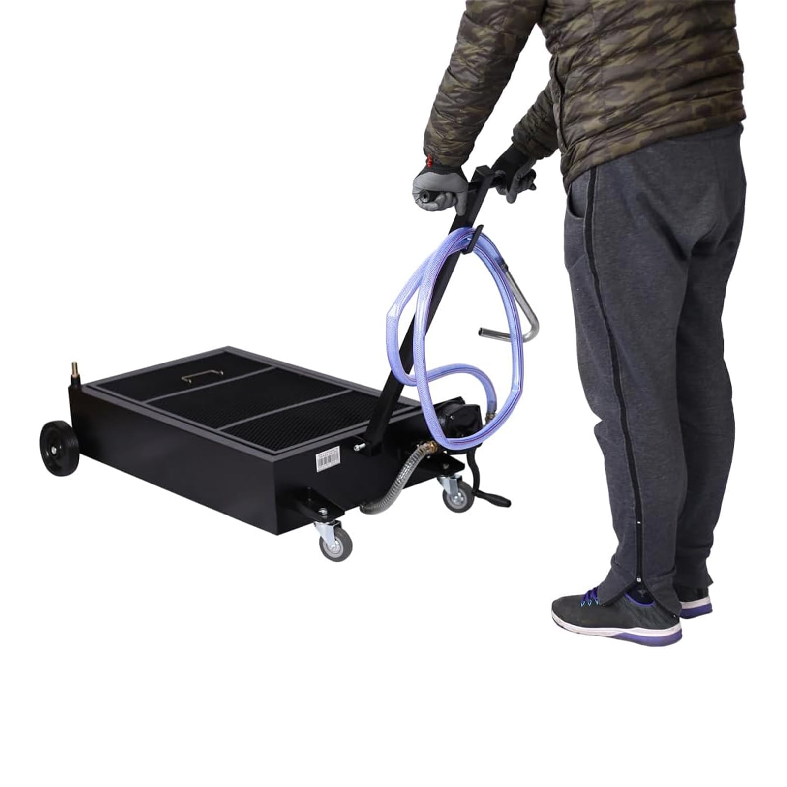 25 Gallon - Low Profile Oil Drain Pan, Oil Drain Pan with Manual Pump - Folding Handle, Heavy-Duty Mobile Oil Drain Tank with Locking Wheels & Filter Screen for Easy Truck, SUV Oil Changes