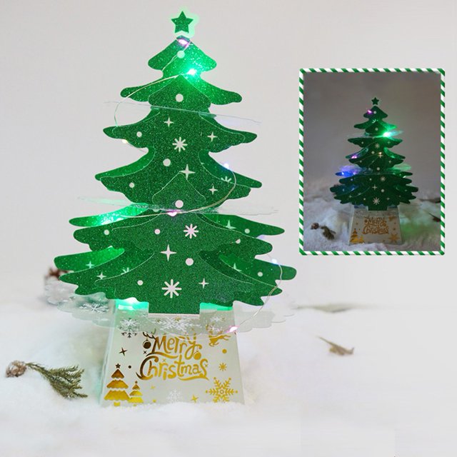Mini Desktop Christmas Card Ornament Shiny Christmas Tree With Lights Kit