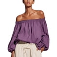 thumbnail image 2 of Endives Women's Blouse Off Shoulder Long Sleeve Chiffon Blouse Casual Loose Puff Sleeves Shirts Solid Color Summer Beach Vacation Outfits Shirts for Women Purple XL, 2 of 4