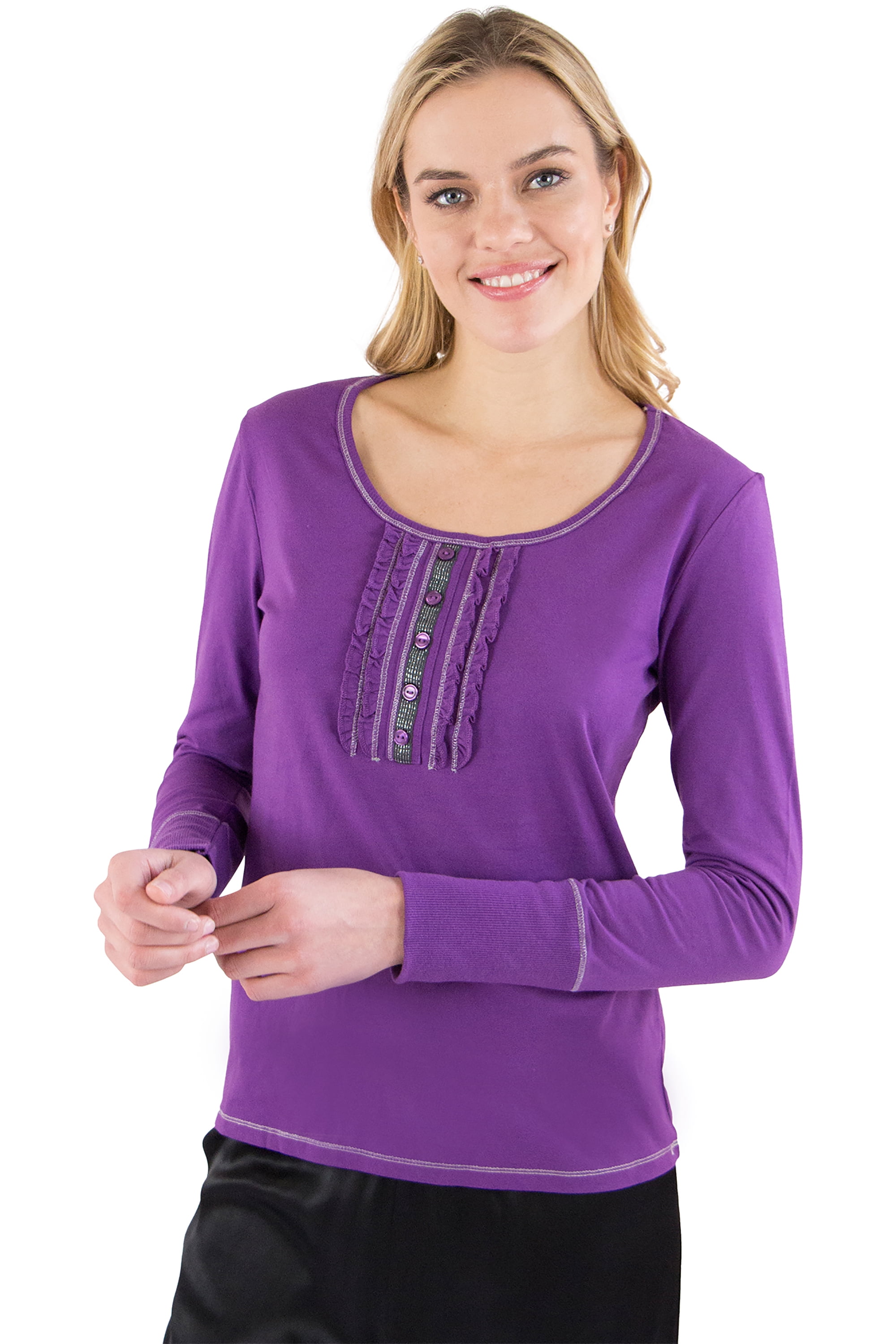 Intimo Womens Ruffle Henley Pajama Sleep Top, Purple, S