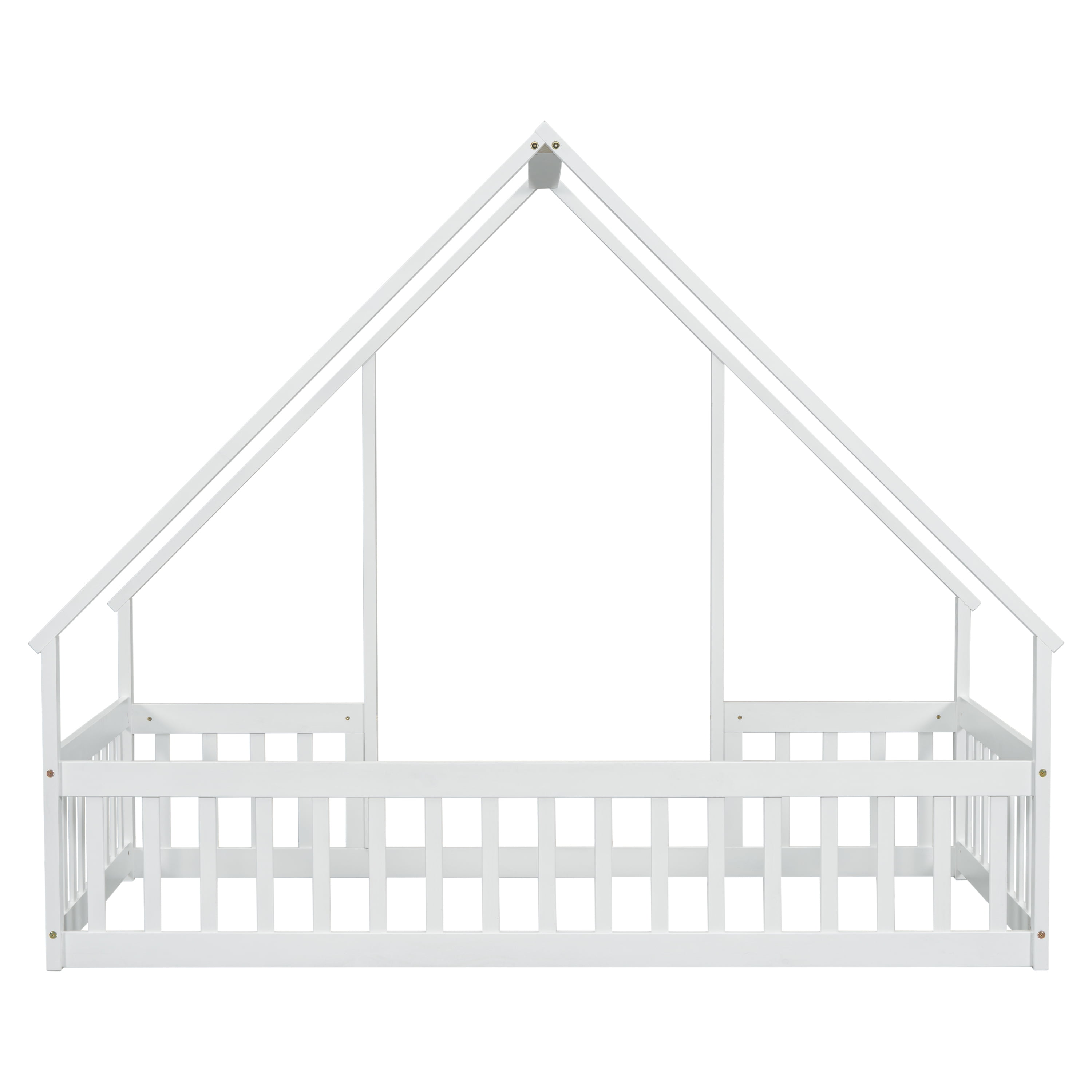 Miniyam Wood Twin Size Floor Bed with House-Shaped Design & Guardrails for Toddler, White