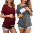thumbnail image 2 of HANXIULIN Womens Maternity Short Sleeve Crew Neck Solid Color Asymmetrical Flap Nursed Tops Blouse T Shirt for Breastfeeding 2 Pack Red+Gray M, 2 of 9