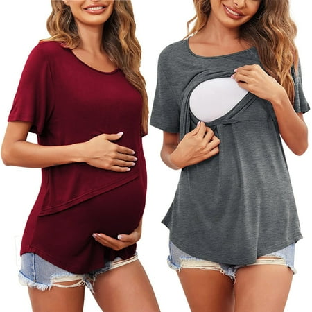 

NIUREDLTD Womens Maternity Short Sleeve Crew Neck Solid Color Asymmetrical Flap Nursed Tops T Shirt For Breastfeeding 2 Pack