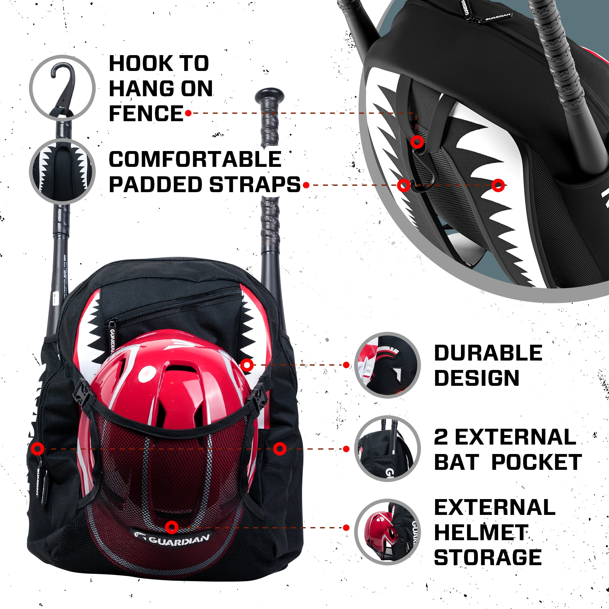 Guardian Baseball Backpack for Youth, Softball Bag for Girls, Durable Bat Bags Baseball Youth Boys and Girls, TBall Bag – Includes Hook to Hang on Fence - Black Shark