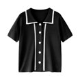 thumbnail image 1 of Camiseta de mujer Blusa de solapa delantera con botones Camiseta suelta de manga corta para niña, Negro sidaley AP001518-01B, 1 of 7