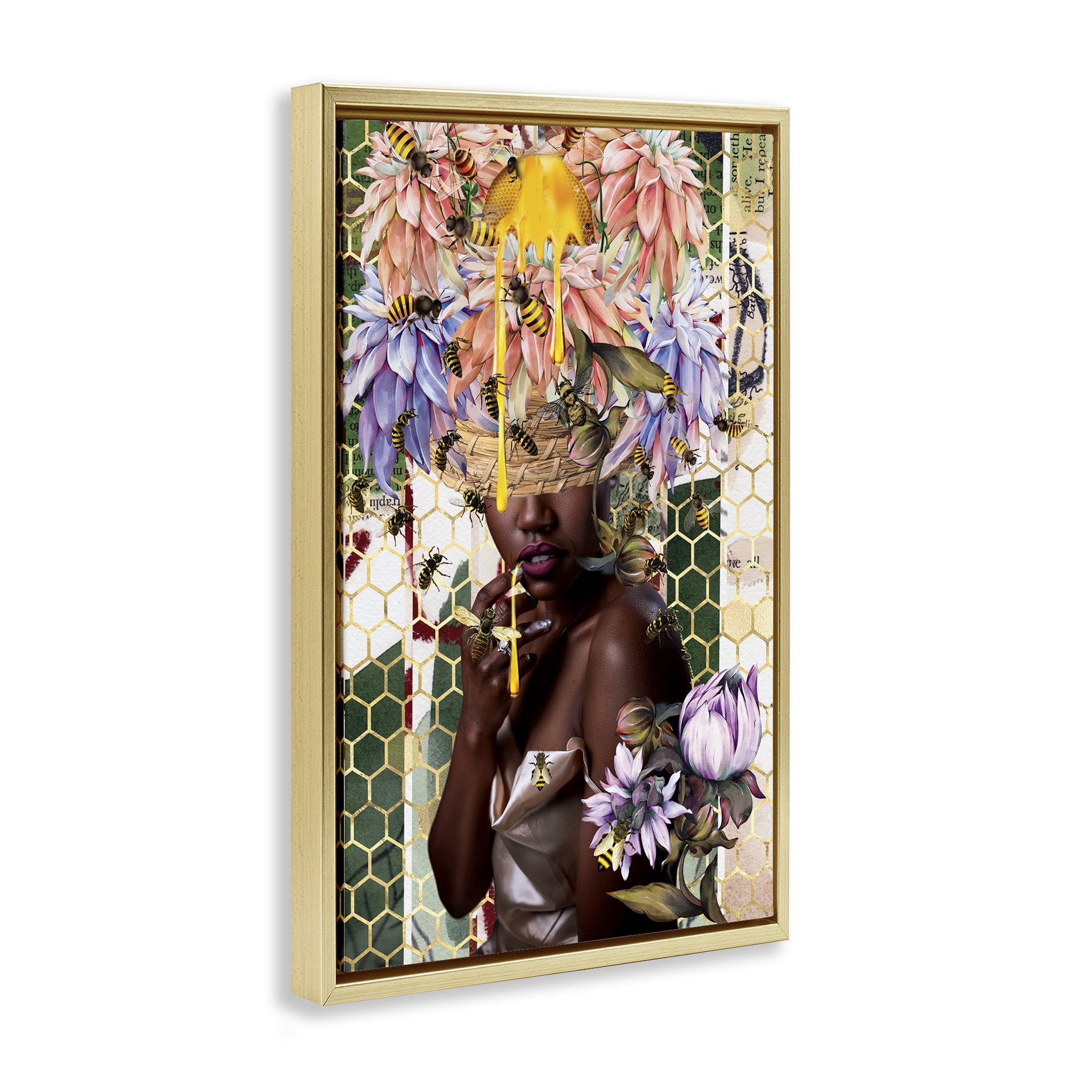 Stupell Industries Glam & Honeycomb Queen Bee Abstract Painting Gold Floater Framed Canvas Art Print Wall Art, 17 x 25