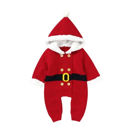 

ZIYIXIN Newborn Baby Boys Girls Christmas Romper Sweater Knit Hooded Jumpsuit Warm Long Sleeve Button Romper Clothes Red 6-12 Months