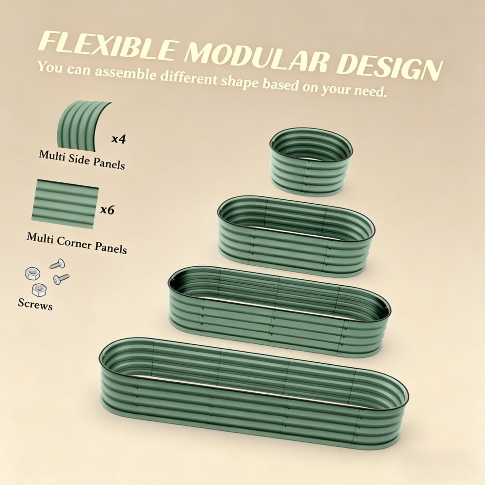 Green Galvanized Steel Raised Garden Bed, Modular Open-Bottom Planter with Rubber-Sealed Edge for Outdoor Gardening