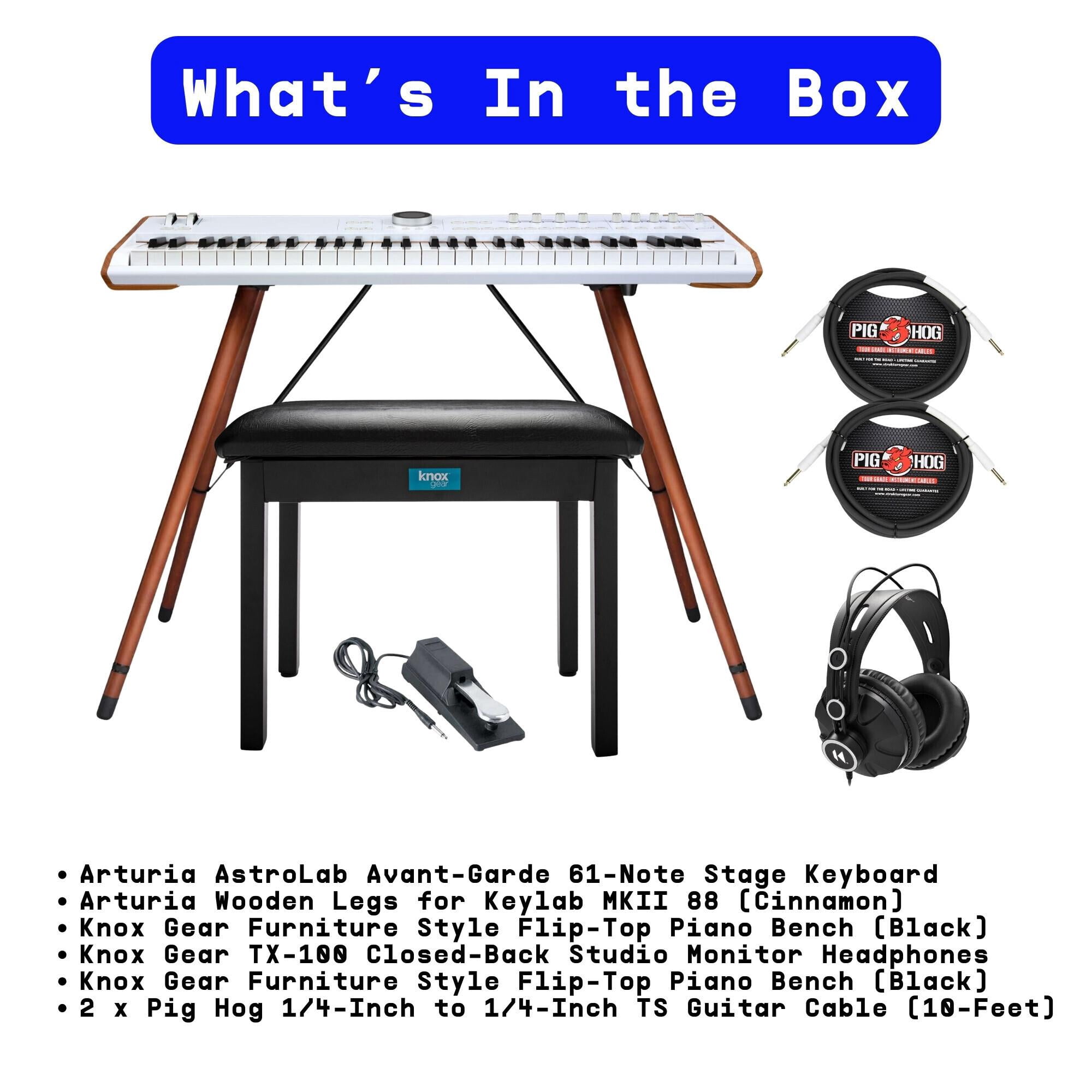 Arturia Astrolab Avant-Garde 61-Note Semi-Weighted Stage Keyboard (White) Bundle with Arturia Wooden Legs for Keylab MKII 88 and Polybrute (Cinnamon), and Knox Gear Piano Bench (7 Items)