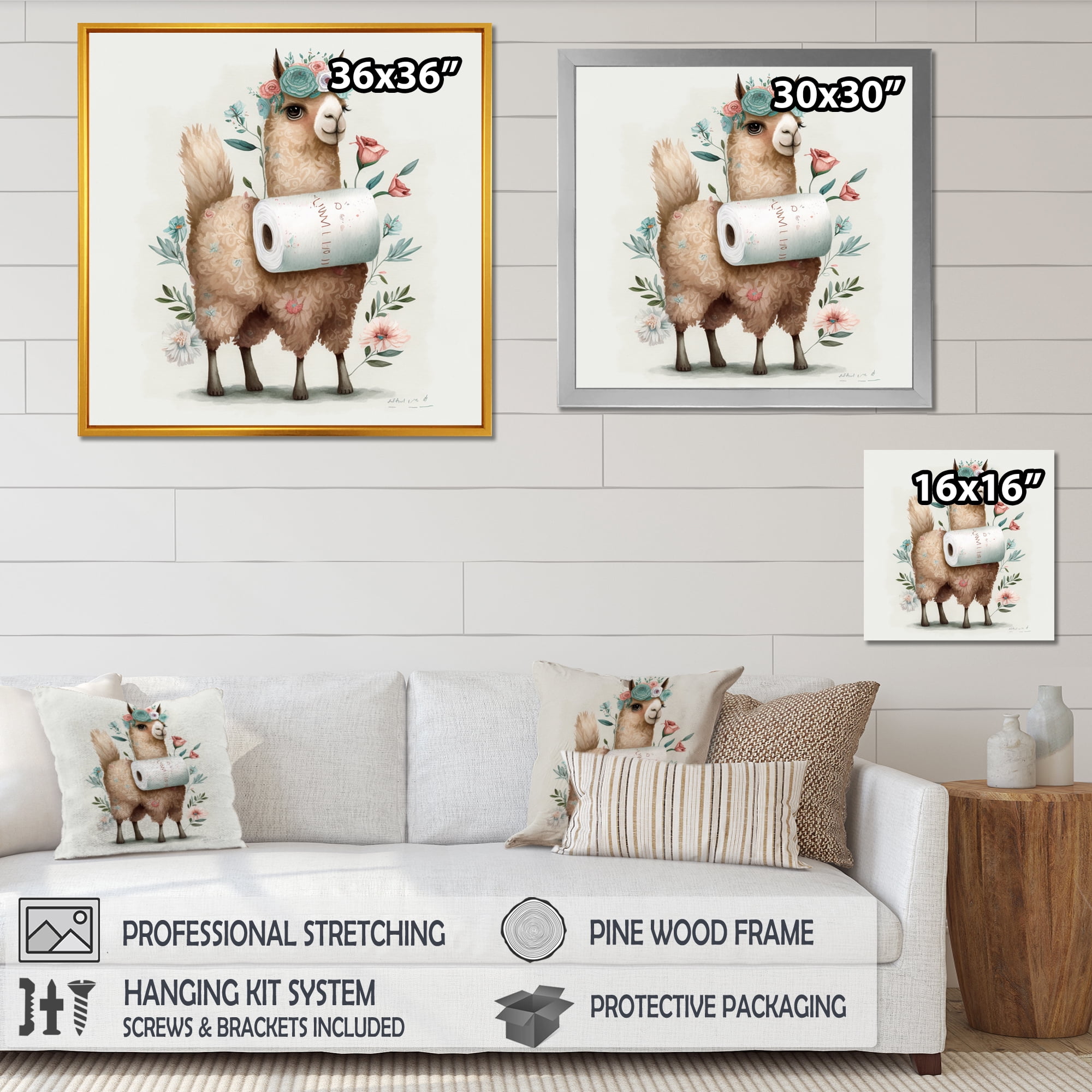 Designart Llama Building A Tower Of Toilet Paper With Flowers IV Canvas Wall Art