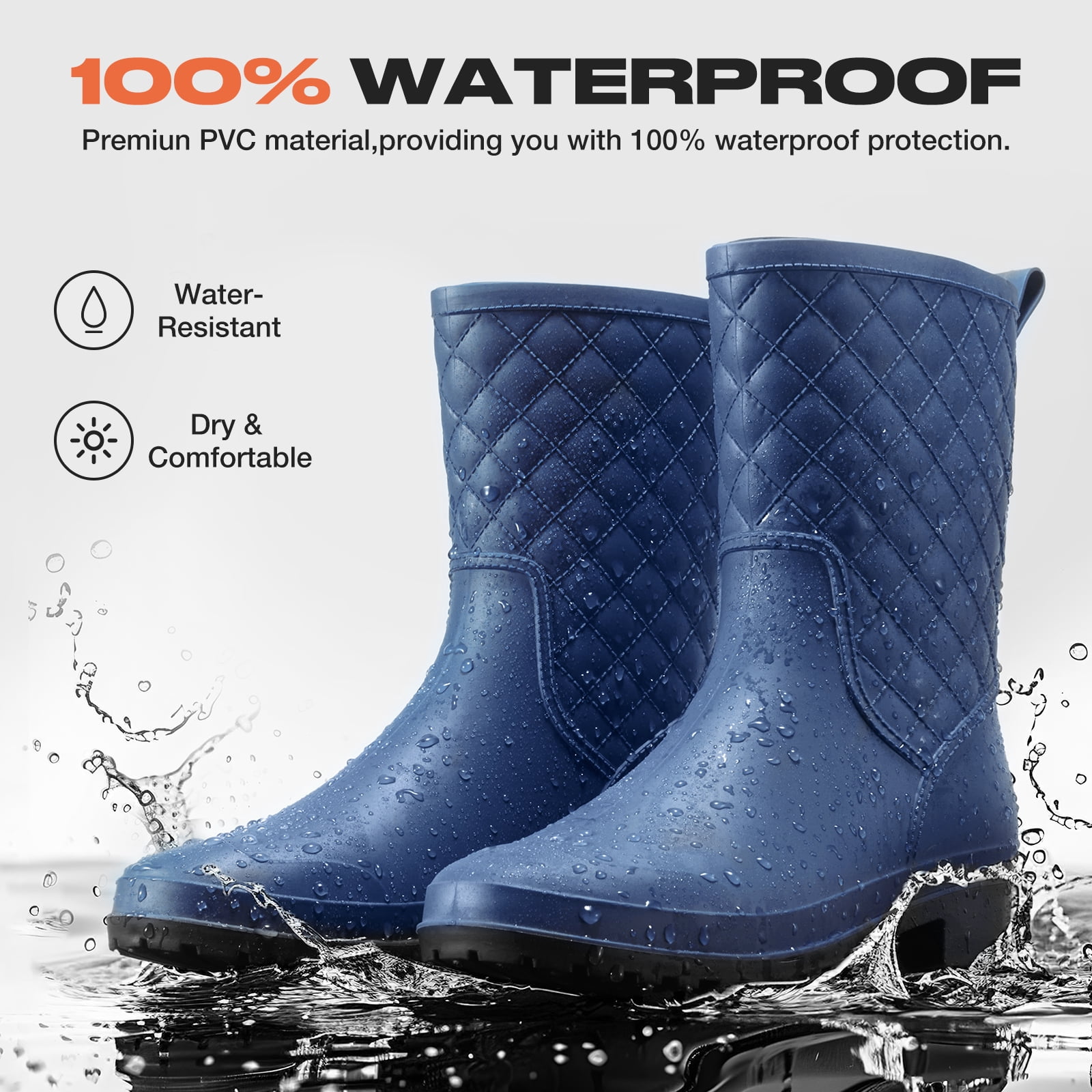 HISEA Women's Waterproof Mid-Calf Rain Boots, Lightweight, Slip-Resistant, Comfortable with Foam Insole,Navy blue,Size 7