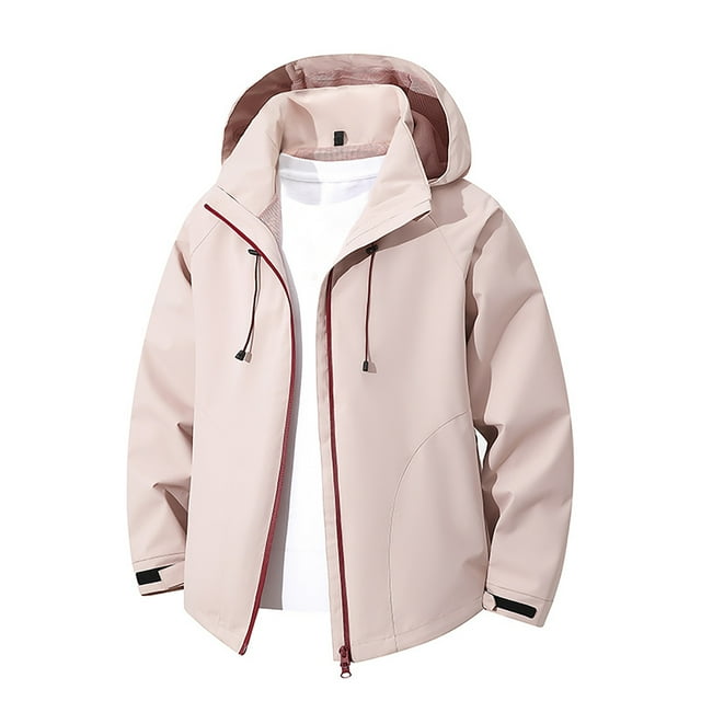 WRKEKC Men's Storm Jacket Windproof Waterproof Hooded Alpine Mountaineering Coat with Long Sleeves for All-Weather Outdoor Protection in Solid Color Pink XL