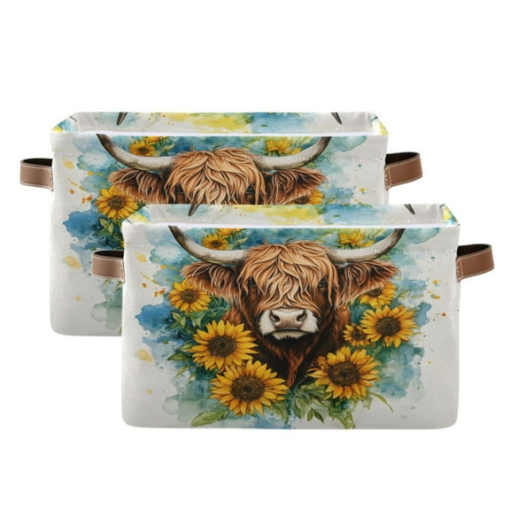 Ryvnso Watercolor Highland Cattle Storage Basket Large Bin Foldable Boxes Toys Organizer 14.2x10.2x8.3in 2 PCs