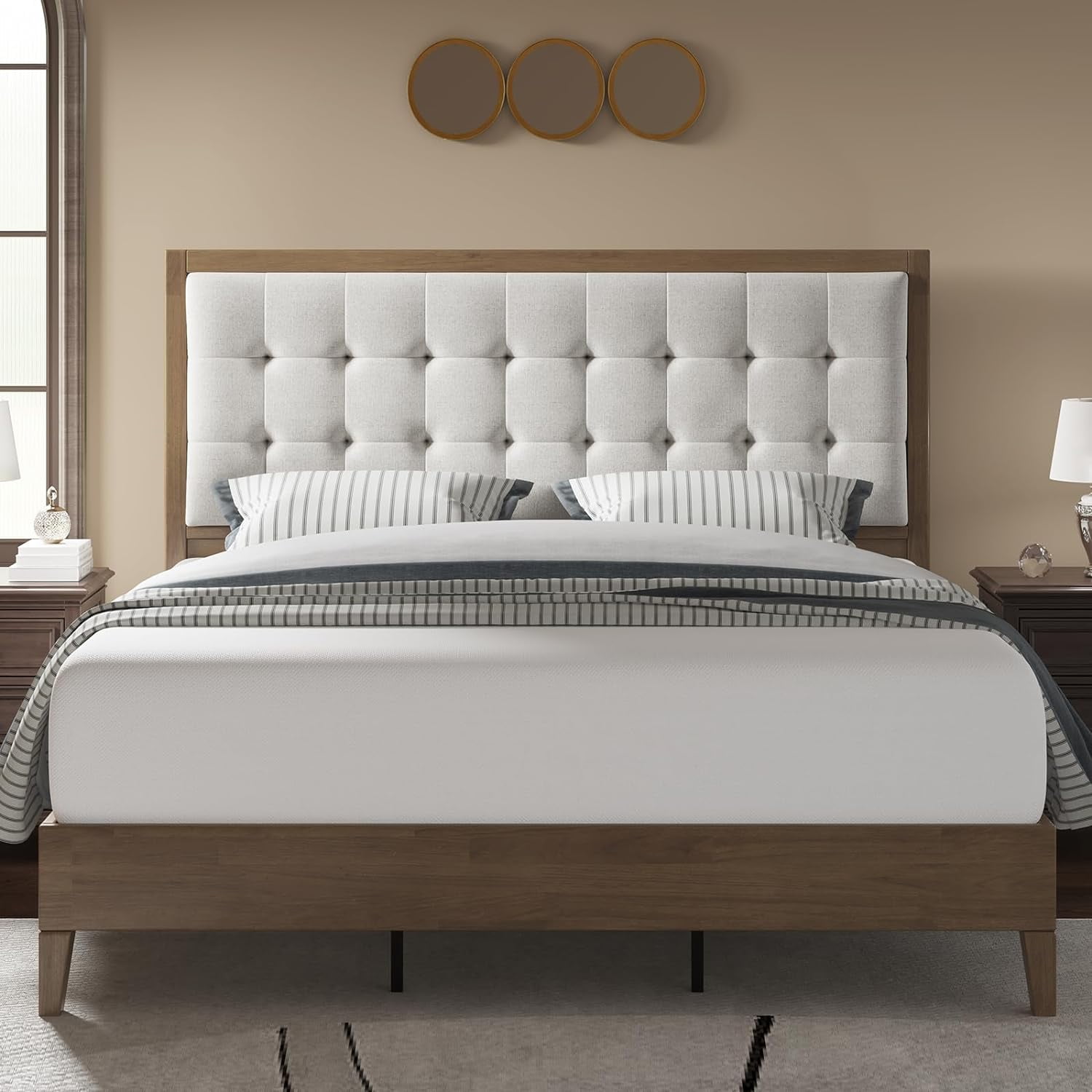LUXOAK Queen Bed Frame, Adult Wood Platform Bed with Upholstered Headboard, Ash Gray