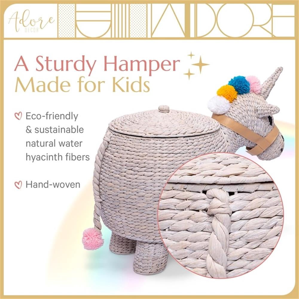 Adore Decor Unicorn Water Hyacinth Laundry Hamper Light Gray