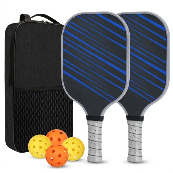 Fiberglass Pickleball Paddles Set of 2, Black Blue 02, with Balls and Carry Bag