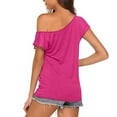 thumbnail image 6 of T Shirts For Women Loose Fit Casual Off Shoulder Solid Color Irregular Short Sleeve Womens Tops Hot Pink XXL, 6 of 7
