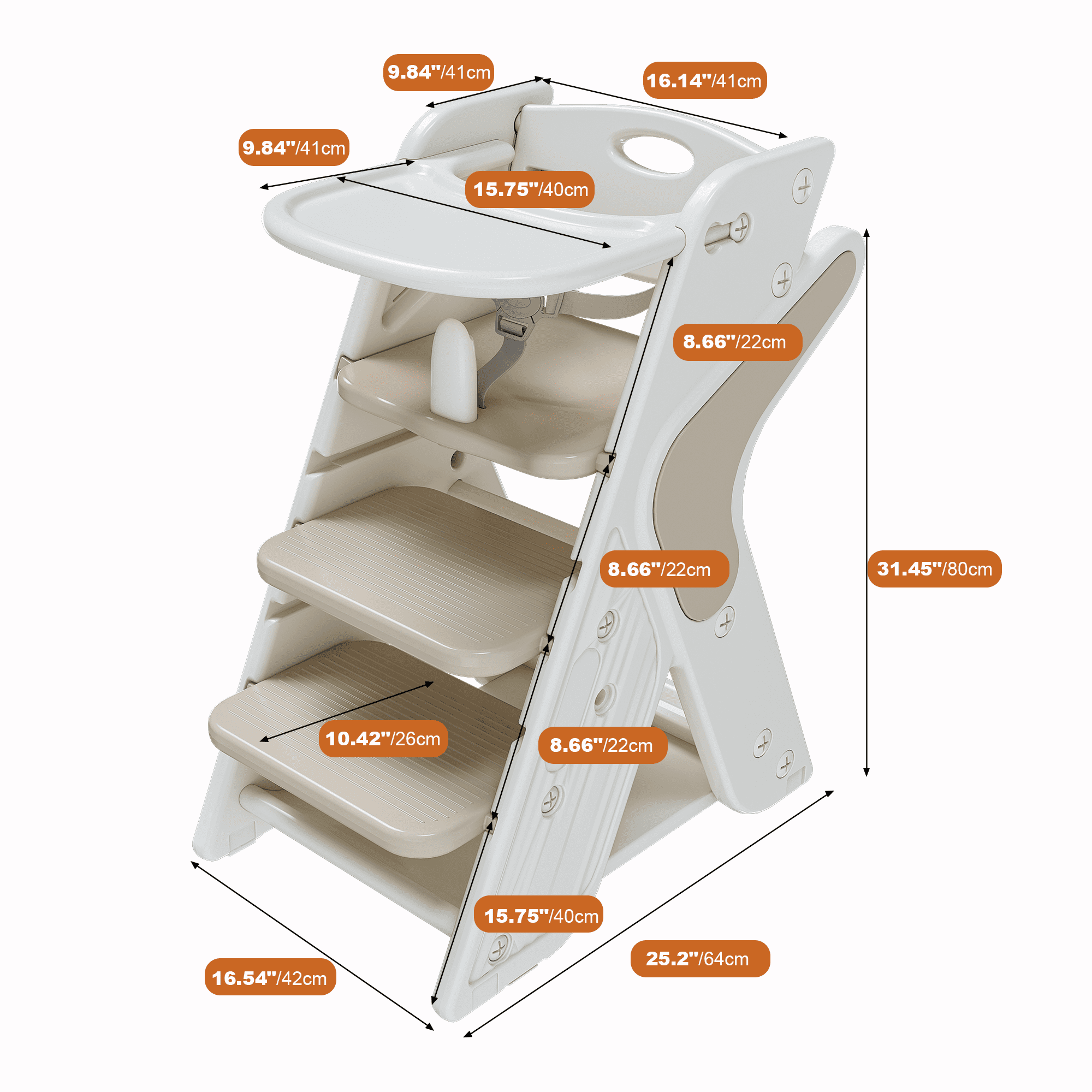 PORKISS Convertible High Chair for Babies and Toddlers, Feeding Chair with Movable Tray for Infant, Adjustable Height Dining Chair for Baby, White + Charcoal