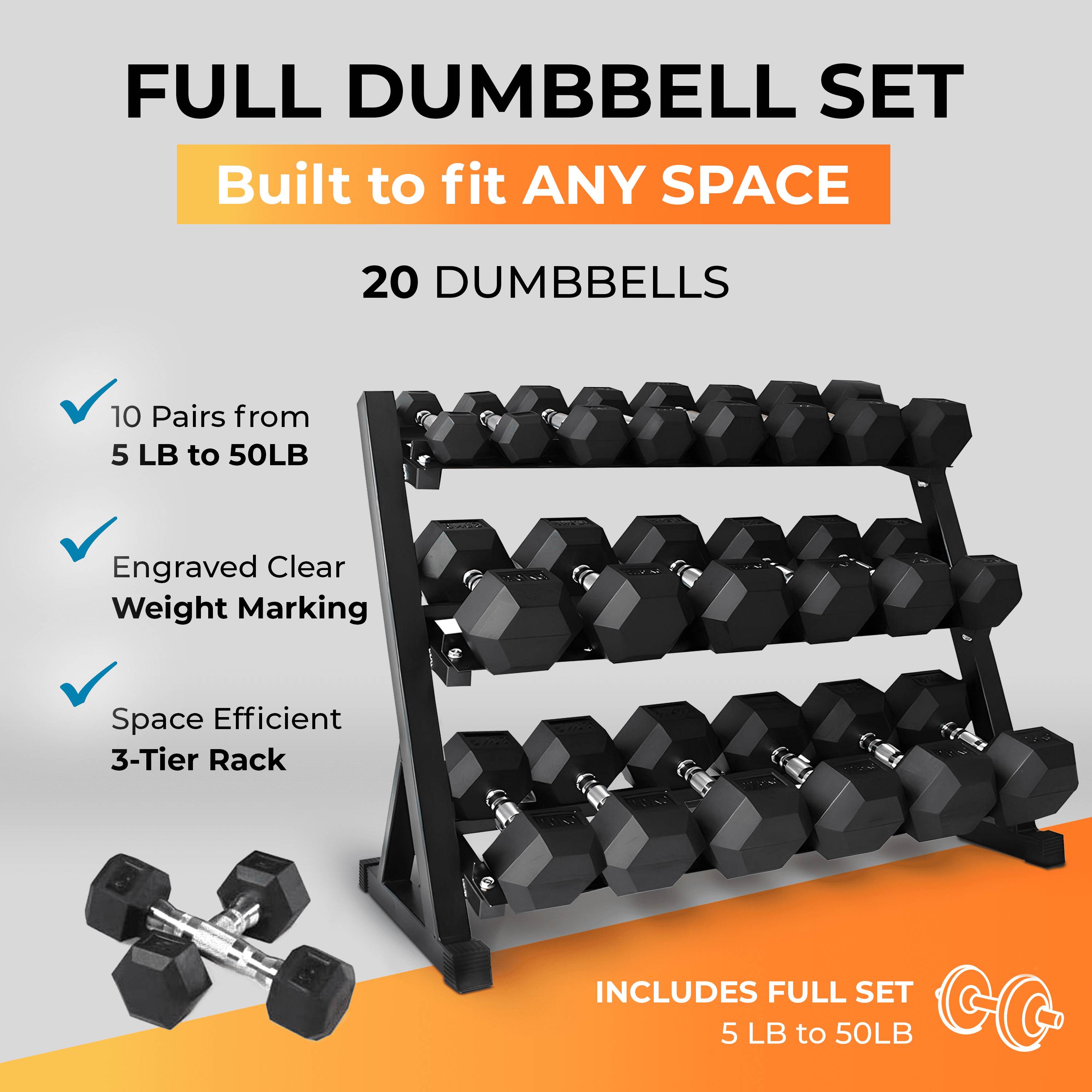 StrengthUSA Rubber Hex Dumbbell Set with Rack, 20 Pair of 5-100 lb (2100 lbs total) Weight Rack with Dumbbells, Rubber Coated Dumbbell Set with Rack Stand