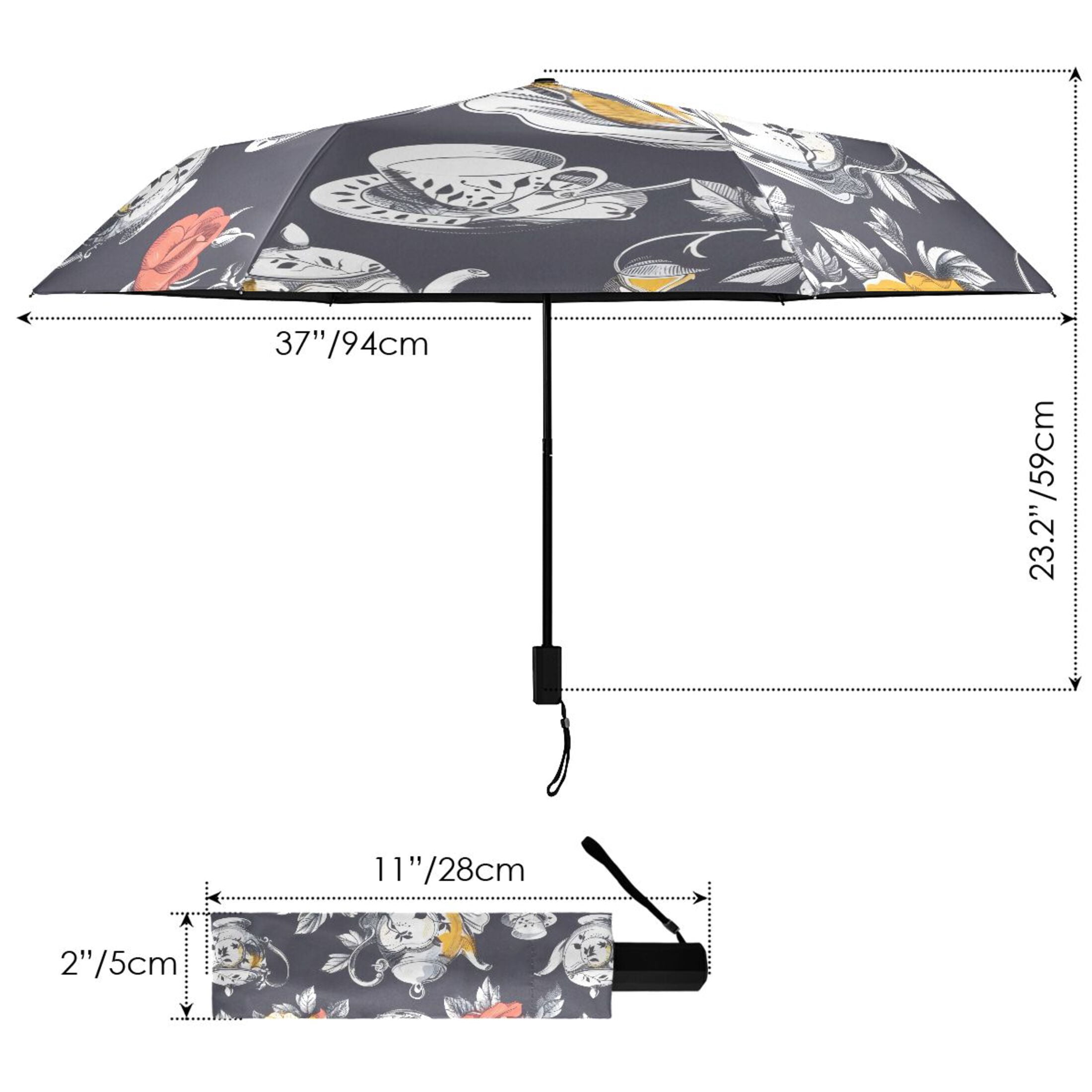 Rose Flower Teacup Teapot Compact Sun Umbrella Windproof Travel Umbrellas for Rain Strong Portable UV Protection