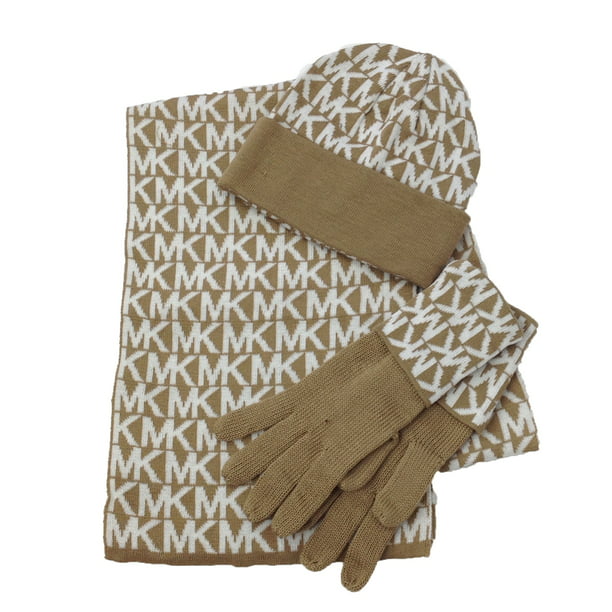 Michael Kors MK Repeat Logo Knit Scarf, Hat & Gloves Box Set, Camel/Cream -  