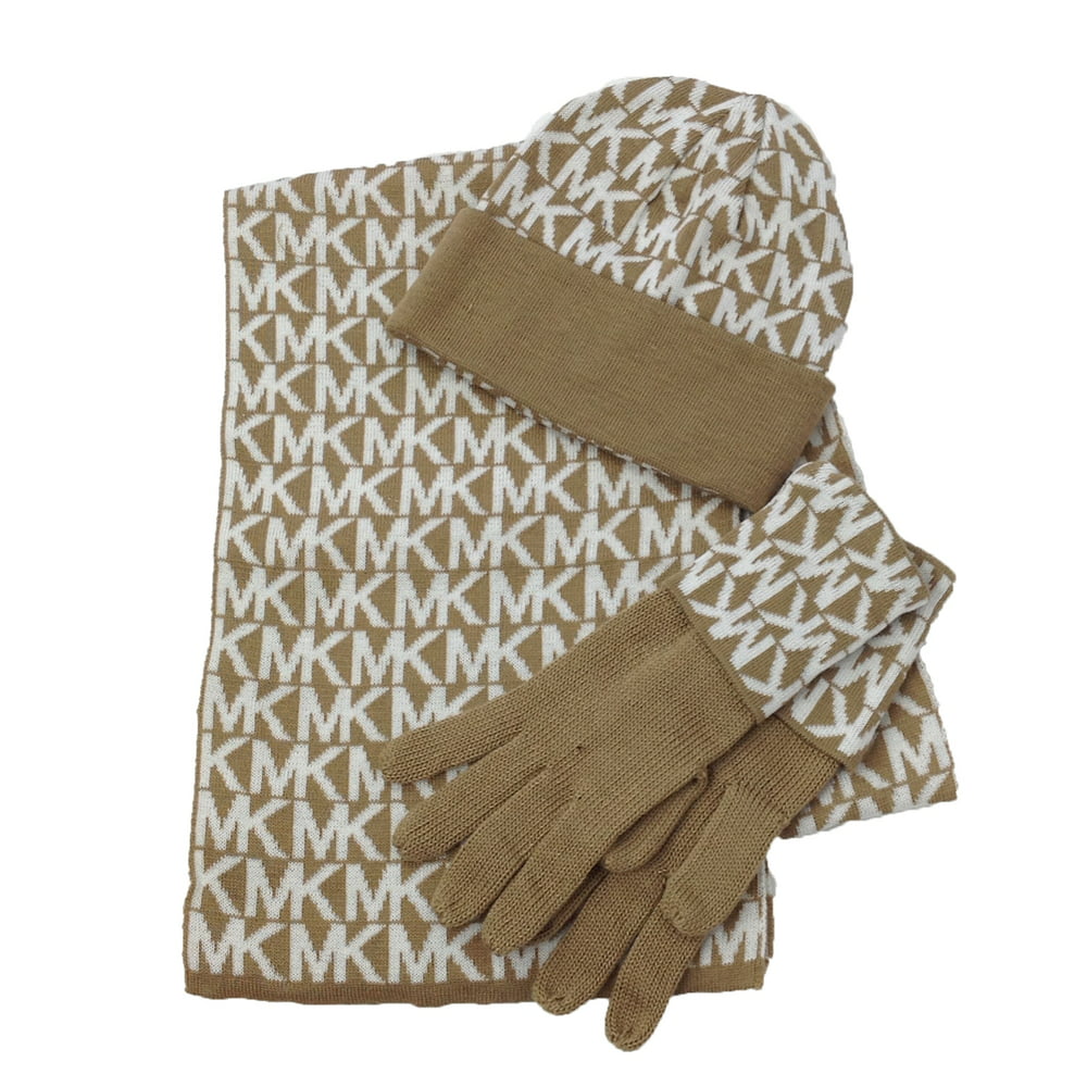 Michael Kors MK Repeat Logo Knit Scarf, Hat & Gloves Box Set, Camel