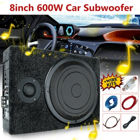600W 8 Inch 12V Powerful Slim Under-Seat Car/Truck Audio Subwoofer High Powered Amplifier Amp Super Bass Speaker Box + Wiring Kit (Best Slim Subwoofer On The Market)