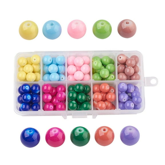 140 Beads - 10mm Assortment Box of Glass Pearl Glossy Round Beads - Hole Size: 1.3mm - 10 Colors