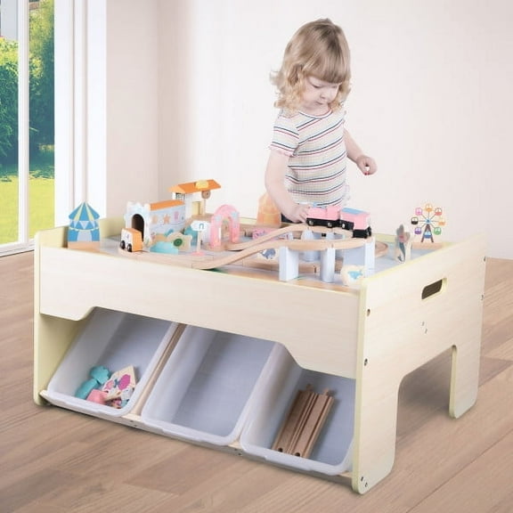 Hey! Play! Wooden Train Set and Storage with Tracks, Vehicles, Buildings and Illustrated Ocean Train Table 63 Pieces