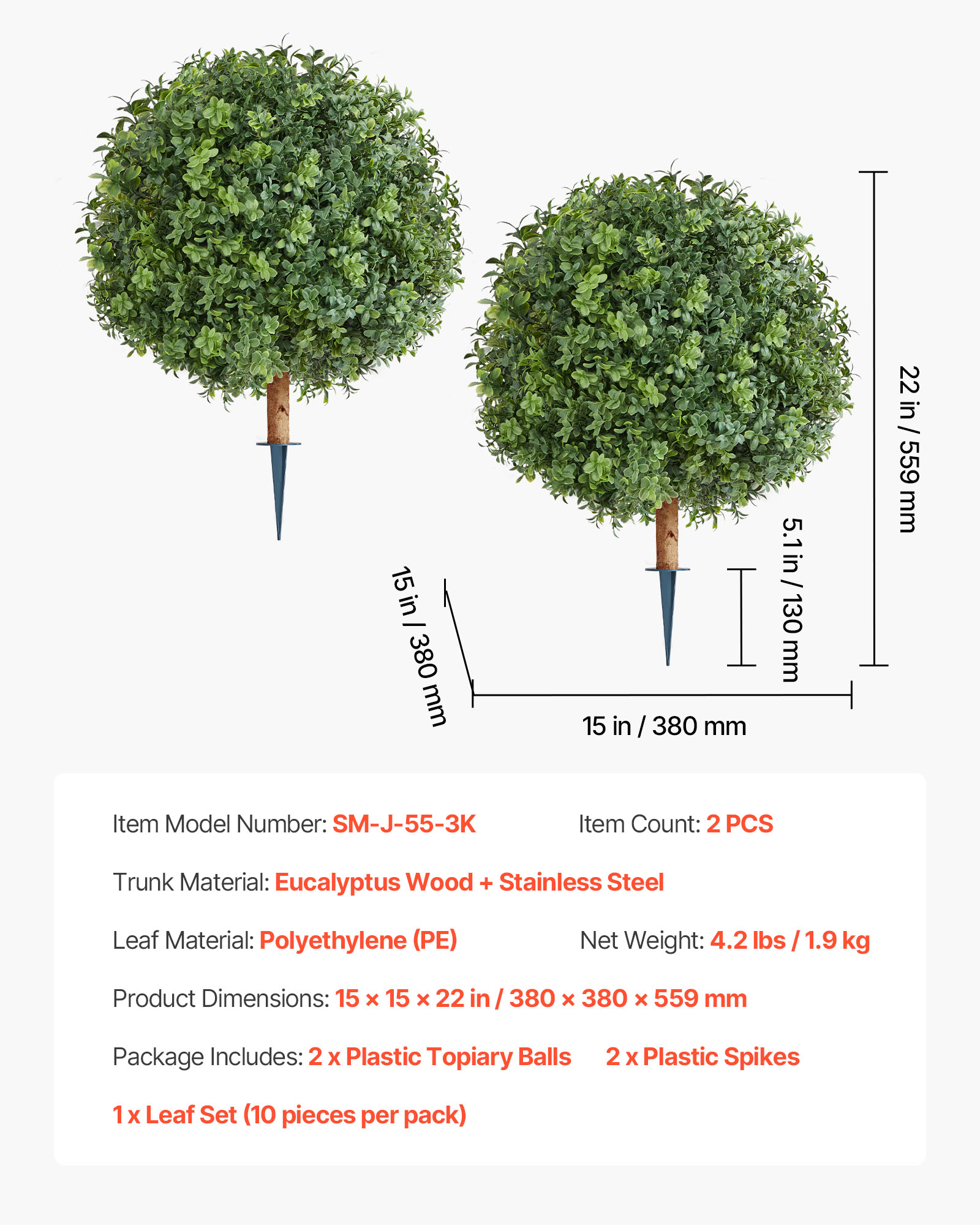 VEVOR Artificial Topiary Boxwood Trees with Ground Spike, 22 inch 2 Set Faux Shrubs & Bushes Potted Plants, Fake Silk Tree Look Real for Decor Front Porch Outdoor Indoor Patio Garden Balcony Backyard
