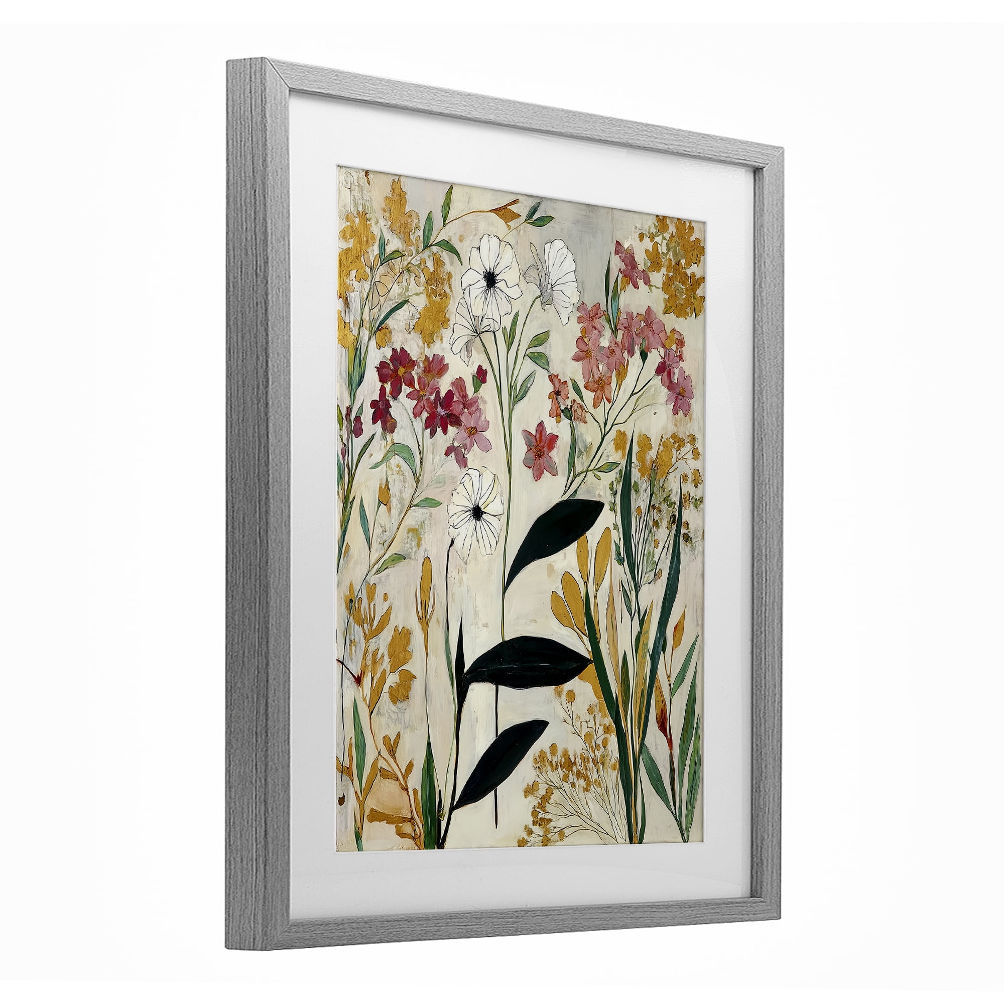 Vintage Playful Botanicals Gray Framed Print Under Glass, design by Annabelle Hall