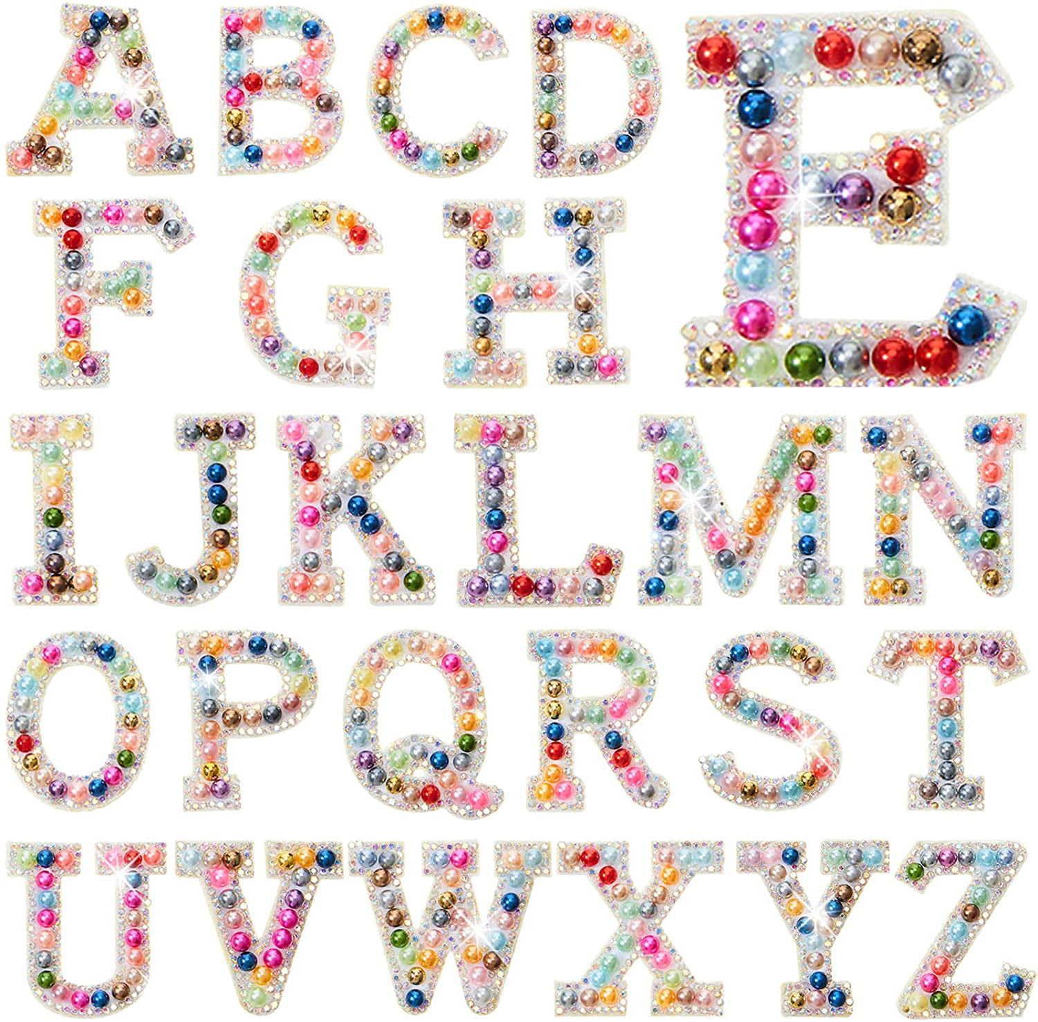 Colorful Iron on Letter A-Z Pearl Rhinestone English Letter Patches Pearls Rhinestone Iron on Letter Patches Glitter Pearl Sew on Alphabet Patches Imitation Pearl Letter Appliques for Clothes 
