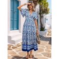 thumbnail image 3 of Womens Blue & White Floral V-Neck Waist-Gathered A-Line Flare Sleeve Maxi Dress, Spring Summer Casual Vacation, 3 of 8