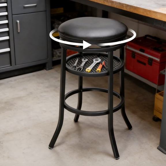 CoVibrant Industrial Swivel Shop Stool with Storage Shelf, Metal Mechanic Stool with Anti-slip Pad for Garage, Home, or Workshop