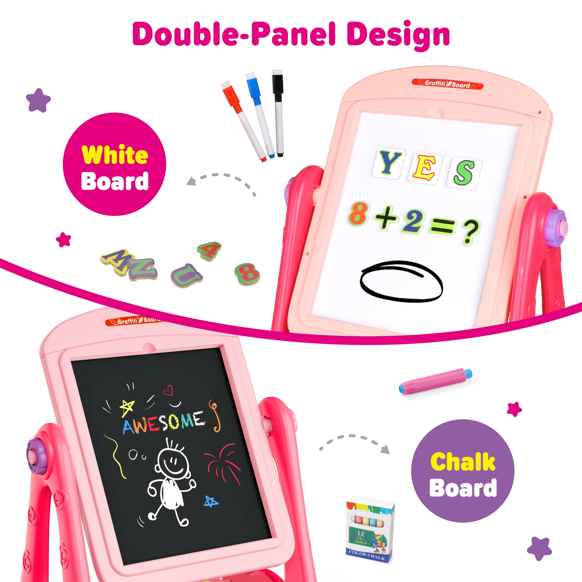 Carsky Art Easel for Kids Toddlers Girls Ages 3 4 5 6 Years, Rotatable Drawing Board Standing, Double Sides with Whiteboard & Chalkboard, Birthday Christmas Gifts(Pink).