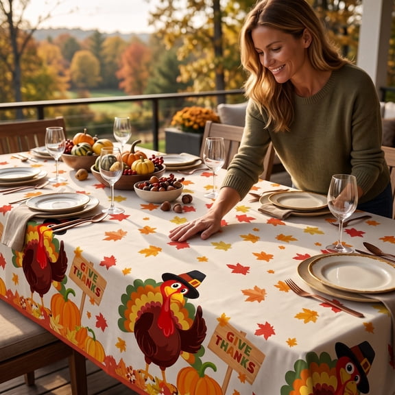 108x54 Inch Thanksgiving Turkey Tablecloth, Fall Maple Leaf Printed Table Cover, Harvest Decorative Table Cloth for Dinner Party Indoor Outdoor