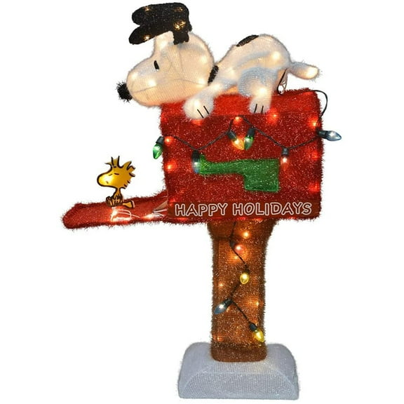 Peanuts Prelit 3D Christmas Yard Decor Soft Tinsel Sculpture Snoopy on Red Mailbox 36"