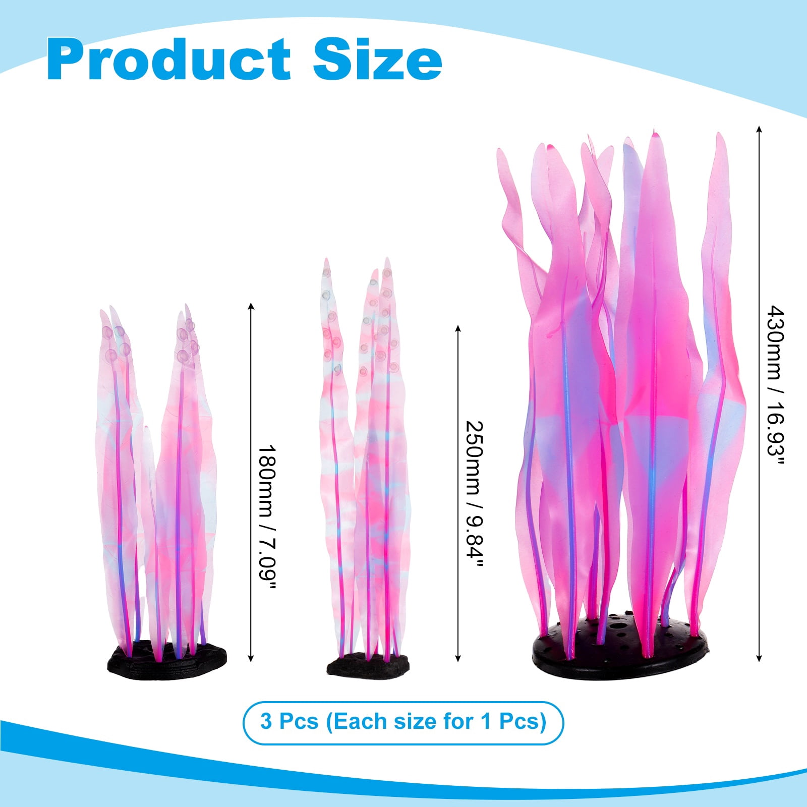 Uxcell Aquarium Decoration, 7"/10"/17" Plastic Fish Tank Plants Artificial Silicone Glowing Kelp Aquarium Plants Ornament, (Pink, 3 Pcs), Intended for Tall Fish Tank Decor / Landscaping
