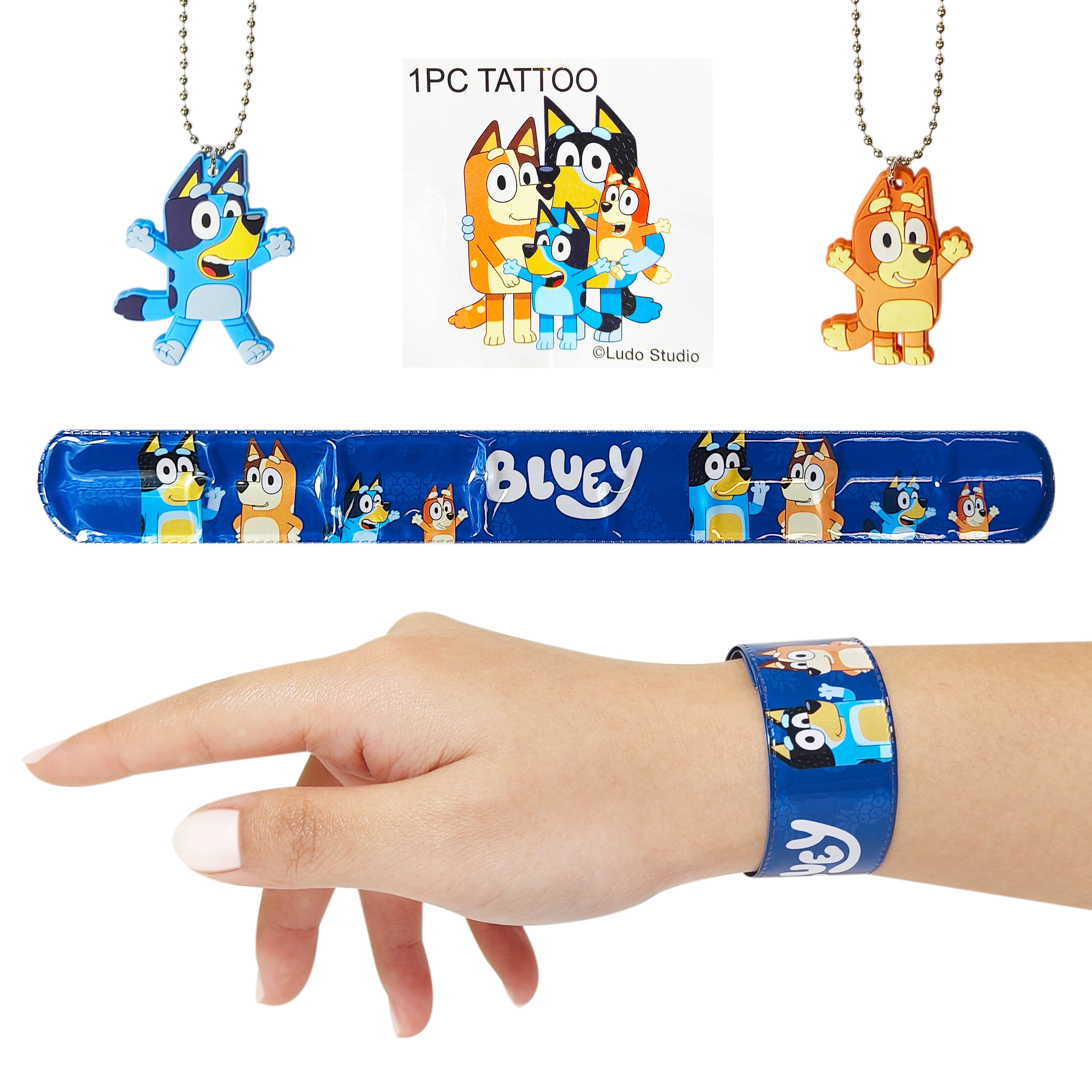 Bluey Surprise Ball with a bracelet, keychain, necklace, and tattoo