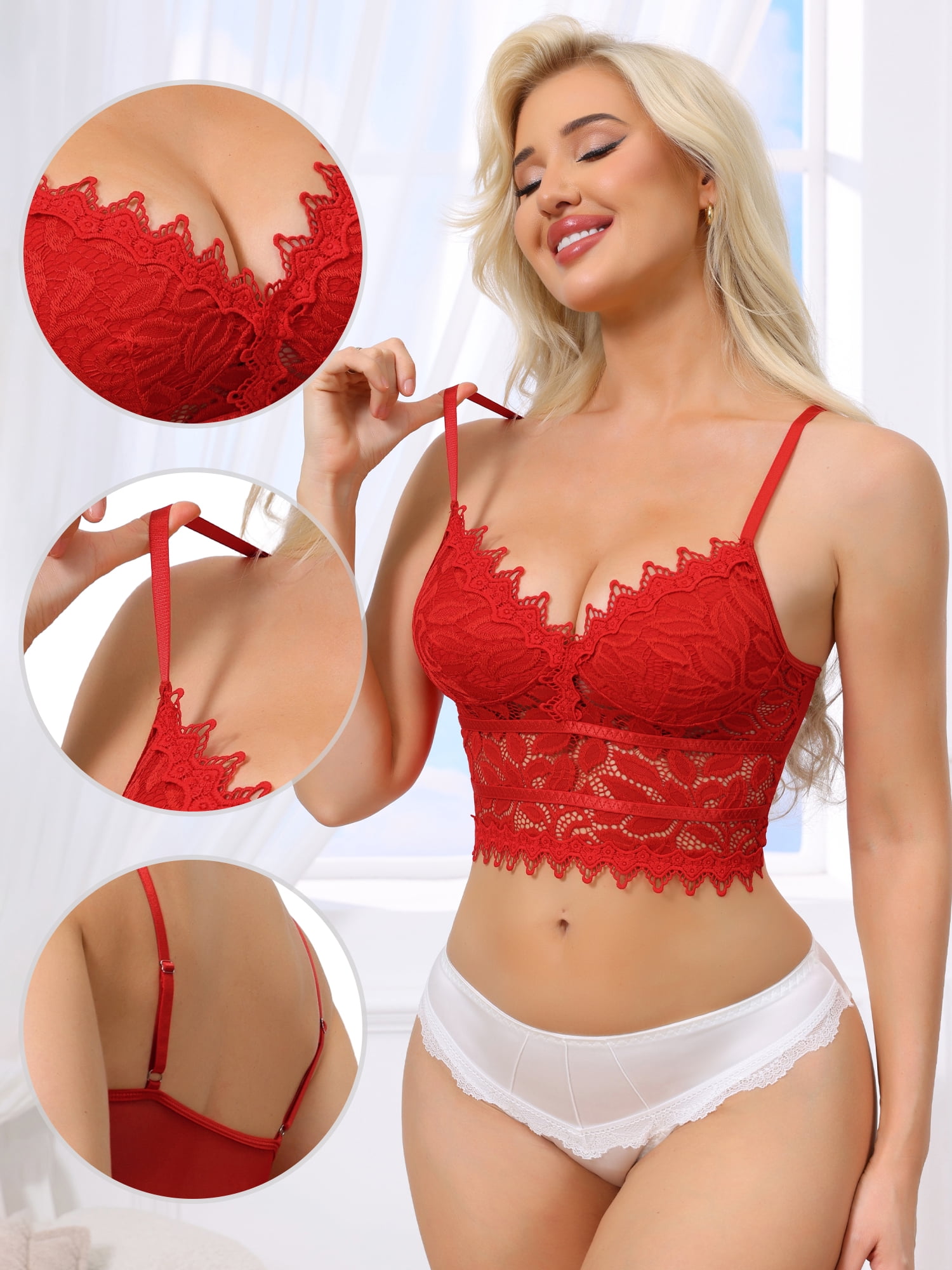 DARING DIVA Women's Lace Plunge Sheer Sleeveless Tank with Mesh Back XS Red