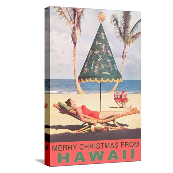 Art.com Merry Christmas from Hawaii, Conical Umbrella on Beach Stretched Canvas Print Wall Art, 12" x 18"