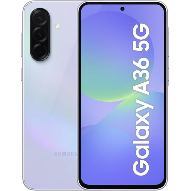 smartphone samsung galaxy a36 5g dual sim 128gb 8ram lavanda, vista frontal y trasera centrada: pantalla AMOLED de 6.7" con orificio para cámara frontal y texto vertical 'Galaxy A36 5G', carcasa lavanda con módulo triple trasero y flash, bordes metálicos y lector de huellas bajo la pantalla; procesador Snapdragon 6 Gen 3 y conectividad 5G.
