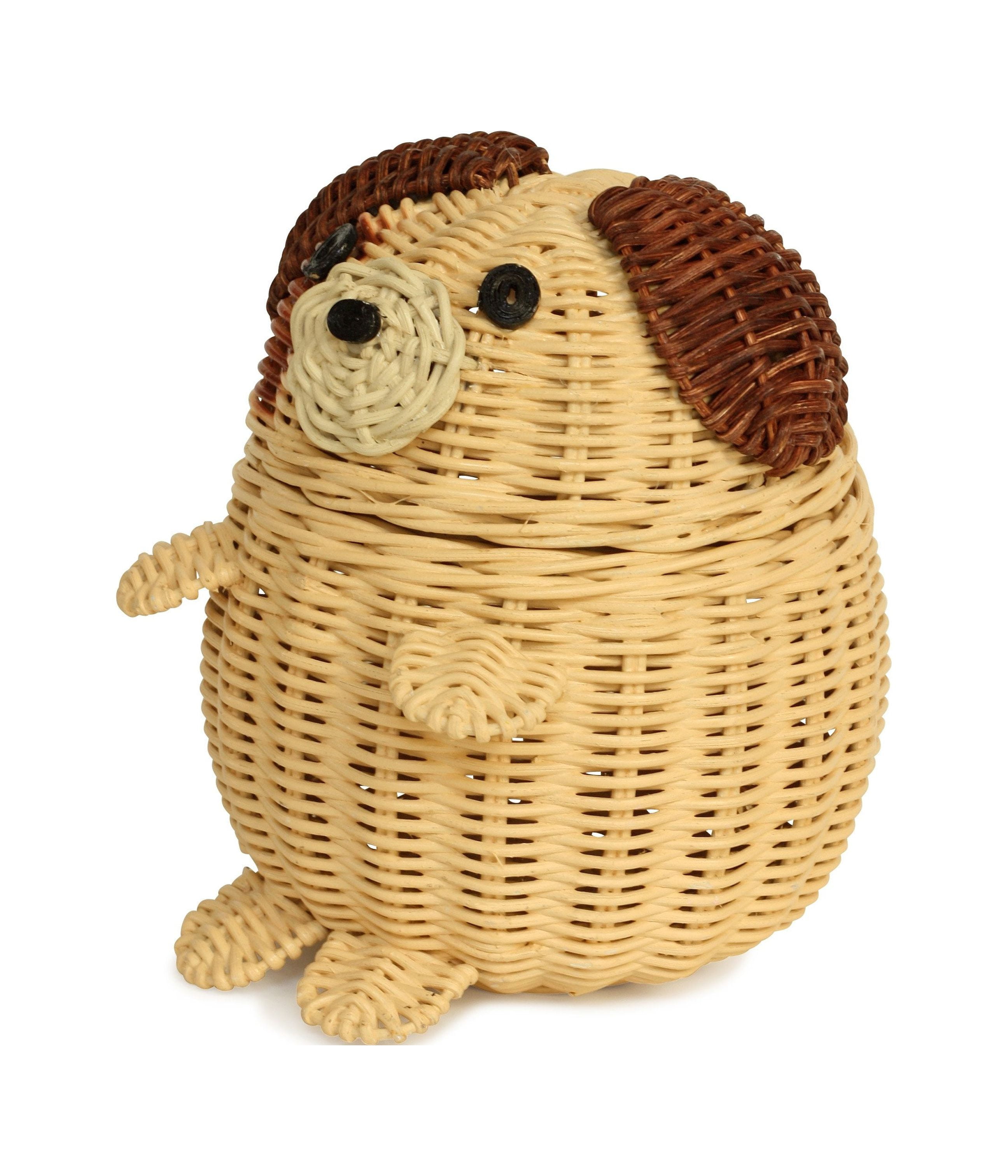 Dog Rattan Storage Basket with Lid Decorative Home Decor Hand Woven Shelf Organizer Cute Handmade Handcrafted Gift Art Decoration Artwork Wicker Puppy